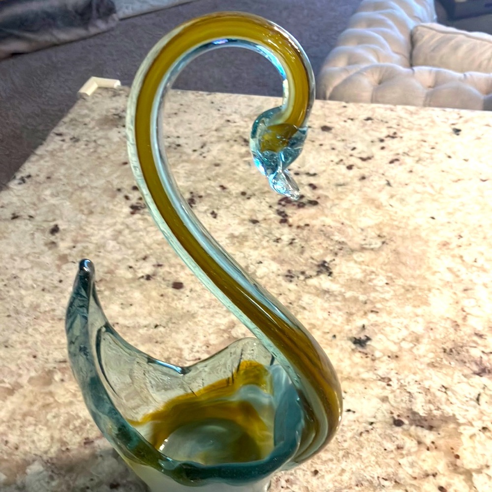 Murano Art Glass Swan Hand Blown 19” Tall Green/Brown/Cream blue green